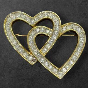 Roman Vintage Double Heart Pin Rhinestones Gold Metal